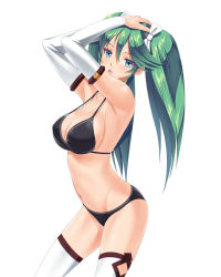 Rule 34 | 10s, 1girl, :o, aqua eyes, armpits, arms up, bikini, black bikini, blush, bow, breasts, cleavage, collarbone, colored eyelashes, covered erect nipples, detached sleeves, female focus, green hair, hair bow, hands on own head, hobenkei, isuzu (kancolle), kantai collection, large breasts, long hair, long sleeves, looking at viewer, navel, open mouth, side ponytail, simple background, solo, standing, stomach, swimsuit, thighhighs, twintails, white background, white bow, white thighhighs
