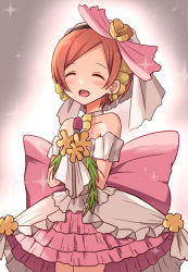 Rule 34 | 1girl, artist name, artist request, back bow, bare shoulders, bow, breasts, cherry blossoms, choker, cleavage, collarbone, dress, earrings, closed eyes, female focus, flower, gloves, hair between eyes, hair flower, hair ornament, holding, holding microphone, hoshizora rin, jewelry, looking at viewer, love live!, love live! school idol festival, love live! school idol project, love wing bell, love wing bell (love live!), microphone, miniskirt, orange flower, orange hair, parted lips, pink bow, pink skirt, plaid, plaid dress, plaid skirt, pleated, pleated dress, pleated skirt, pom pom (clothes), pom pom hair ornament, short dress, short hair, skirt, sleeveless, sleeveless dress, small breasts, smile, solo, sparkle, strapless, strapless dress, veil, wedding dress, white choker, white dress, white gloves, white skirt, white veil, white wrist cuffs, wrist cuffs, yellow flower