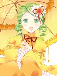 Rule 34 | 1girl, :d, ahoge, bad id, bad pixiv id, bow, brown bow, drill hair, flower, green eyes, green hair, hair flower, hair ornament, kanaria, kokuro, matching hair/eyes, open mouth, parasol, red flower, red rose, rose, rozen maiden, short hair, smile, solo, twin drills, umbrella, yellow bow