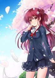 1girl bag black_skirt cherry_blossoms cowboy_shot female_focus floating_hair hashima_izumi highres holding holding_bag long_hair nachiku pleated_skirt red_eyes red_hair saenai_heroine_no_sodatekata school_uniform skirt smile solo standing tree very_long_hair