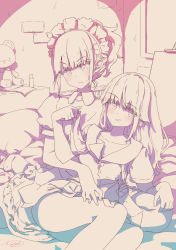 Rule 34 | 2girls, bedroom, blush, brick wall, collared shirt, commentary request, dress, embarrassed, flustered, hand on another&#039;s thigh, happy, highres, kagawa yuusaku, lineart, long hair, looking at another, looking to the side, maid, maid headdress, medium hair, monochrome, multiple girls, nervous, nervous smile, on bed, original, pink theme, ponytail, shirt, short sleeves, sidelocks, signature, sitting, sitting on person, smile, spot color, stuffed animal, stuffed toy, teddy bear, uniform, yuri