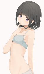 Rule 34 | 1girl, arms behind back, black hair, blue bra, bra, breasts, collarbone, dot nose, finger to mouth, floral print, hand up, highres, hiroki (yyqw7151), light blush, looking at viewer, navel, original, panties, print bra, purple eyes, short hair, small breasts, smile, stomach, underwear, white background, white panties