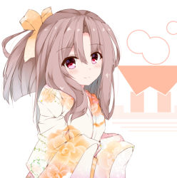 Rule 34 | 1girl, blush, bow, brown bow, brown hair, closed mouth, commentary request, floral print, fuuna, hair between eyes, hair bow, highres, japanese clothes, kantai collection, kimono, long hair, long sleeves, looking at viewer, parted bangs, print kimono, red eyes, sleeves past fingers, sleeves past wrists, smile, solo, tokyo big sight, white kimono, wide sleeves, yukata, zuihou (kancolle)