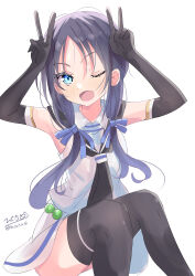 Rule 34 | 1girl, absurdres, black gloves, black hair, black neckerchief, black sailor collar, black thighhighs, blue eyes, double v, elbow gloves, feet out of frame, gloves, gradient hair, hair ribbon, highres, hizaka, kantai collection, low twintails, multicolored hair, neckerchief, one-hour drawing challenge, one eye closed, ribbon, sailor collar, sailor shirt, school uniform, serafuku, shirt, simple background, sitting, skirt, sleeveless, sleeveless shirt, solo, suzukaze (kancolle), thighhighs, twintails, v, white background, white shirt, white skirt