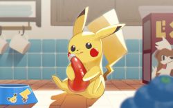 Rule 34 | :q, backlighting, black eyes, blurry, closed mouth, commentary request, creatures (company), cup, depth of field, pet bowl, game freak, gen 1 pokemon, gen 2 pokemon, growlithe, guru (nicocco), holding, indoors, ketchup, ketchup bottle, mug, nintendo, no humans, pichu, pikachu, pokemon, pokemon (anime), pokemon (classic anime), pokemon (creature), pokemon ep042, sitting, tongue, tongue out