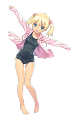 Rule 34 | 1girl, barefoot, black one-piece swimsuit, blonde hair, blue eyes, breasts, commentary request, full body, hair bobbles, hair ornament, jacket, koutaro, leaning to the side, long hair, looking at viewer, one-piece swimsuit, original, outstretched arms, pink jacket, school swimsuit, simple background, small breasts, smile, solo, standing, swimsuit, twintails, white background