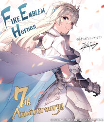 Rule 34 | 1girl, armor, breasts, cape, corrin (female) (fire emblem), corrin (female) (silent bloodline) (fire emblem), corrin (fire emblem), crown, english text, essual (layer world), fire emblem, fire emblem fates, fire emblem heroes, frills, hair between eyes, hair ornament, hairband, highres, jewelry, long hair, looking at viewer, medium breasts, milestone celebration, nintendo, official alternate costume, official art, pointy ears, red eyes, see-through, shoulder armor, simple background, smile, solo, white hair