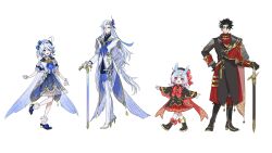 Rule 34 | 2boys, 2girls, ahoge, alternate costume, animal ears, ascot, black capelet, black footwear, black hair, blue eyes, blue hair, boots, bow, bowtie, cane, capelet, closed mouth, formal, furina (genshin impact), genshin impact, gloves, hair between eyes, hair ornament, heterochromia, highres, jacket, light blue hair, long hair, long sleeves, looking at viewer, low twintails, multicolored hair, multiple boys, multiple girls, neuvillette (genshin impact), open mouth, pleated skirt, pointy ears, red eyes, red skirt, shirt, shoes, short hair, sigewinne (genshin impact), simple background, skirt, smile, streaked hair, sword, tanemaki monaka, twintails, weapon, white gloves, white hair, wriothesley (genshin impact)