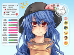Rule 34 | 1girl, bad id, bad pixiv id, black hat, blue hair, female focus, flower pot, food, fruit, gradient background, hat, hinanawi tenshi, long hair, parody, partially translated, peach, red eyes, serizawa mutsuki, solo, tomak, touhou, translation request, what