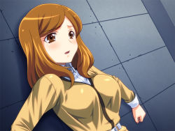 Rule 34 | 10s, 1girl, against wall, belt, blush, breasts, brown eyes, brown hair, collared shirt, embarrassed, kise chiharu, long hair, long sleeves, looking away, mature female, open mouth, parted lips, precure, shirt, smile precure!, solo, standing, upper body