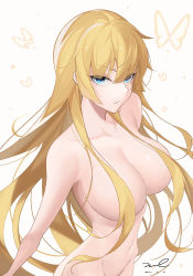 Rule 34 | 1girl, aqua eyes, artist name, blonde hair, blunt bangs, breasts, bug, butterfly, cleavage, collarbone, commentary, dated, floating hair, from above, hair between eyes, hair censor, hair over breasts, highres, insect, large breasts, long hair, looking at viewer, navel, nude, original, parted lips, signature, simple background, solo, stomach, translucent hair, unel, very long hair, white background