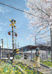 Rule 34 | 1girl, bag, blue sky, branch, building, cherry blossoms, daigo fujiie, dated, day, falling petals, flower, grass, handbag, handrail, hat, highres, horn speaker, jacket, light rays, original, outdoors, petals, power lines, railroad crossing, railroad signal, railroad tracks, scenery, short hair, sign, skirt, sky, solo, stairs, tree, utility pole