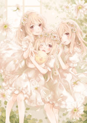 Rule 34 | 3girls, blush, brown eyes, dress, feet out of frame, floral print, flower, hair flower, hair ornament, head wreath, highres, light brown hair, looking at viewer, millcutto, multiple girls, open mouth, original, puffy sleeves, short sleeves, smile, white dress, window