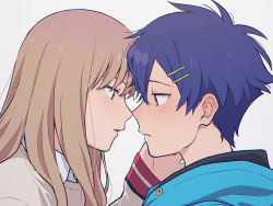 Rule 34 | 1boy, 1girl, asanaka yomogi, blue hair, blue jacket, blush, brown eyes, brown hair, brown sweater, collared shirt, eye contact, eyebrows hidden by hair, from side, grey background, gridman universe, hair ornament, hairclip, hetero, hood, hood down, hooded jacket, imminent kiss, jacket, long hair, looking at another, mikazuchi zeus, minami yume, parted lips, portrait, profile, shirt, simple background, ssss.dynazenon, sweater, upper body, white shirt