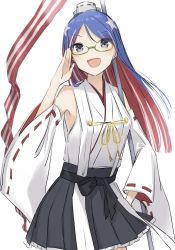 Rule 34 | 1girl, :d, artist name, bare shoulders, black skirt, blue hair, blush, cosplay, cowboy shot, detached sleeves, glasses, green-framed eyewear, grey eyes, japanese clothes, kantai collection, kirishima (kancolle), kirishima (kancolle) (cosplay), long hair, multicolored hair, nontraditional miko, one-hour drawing challenge, open mouth, pleated skirt, red hair, ribbon-trimmed sleeves, ribbon trim, simple background, skirt, smile, solo, south dakota (kancolle), star (symbol), white background, white hair, wide sleeves, yamashichi (mtseven)