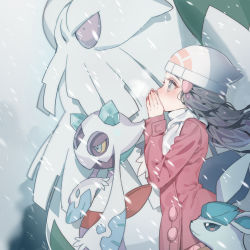 Rule 34 | 1girl, abomasnow, beanie, black hair, blue eyes, coat, creatures (company), dawn (pokemon), from side, froslass, game freak, gen 4 pokemon, glaceon, hair ornament, hairclip, hat, highres, long hair, long sleeves, nintendo, own hands together, pink coat, pokemon, pokemon (creature), pokemon dppt, profile, scarf, snowing, white headwear, white scarf, wind, winter clothes, zuizi