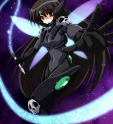 Rule 34 | 00s, 1girl, akaba chizuru, alternate costume, armor, black hair, bodysuit, breasts, covered navel, energy weapon, fairy wings, foreshortening, from side, gem, gloves, glowing, glowing wings, holding, horns, large breasts, light smile, long hair, looking at viewer, outstretched arms, screencap, seitokai no ichizon, skull, sky, smile, solo, space, sparkle, spread arms, standing, star (sky), starry sky, stitched, third-party edit, very long hair, visor, watermark, weapon, whip, wings