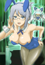 Rule 34 | 1girl, adjusting eyewear, animal ears, banboro (technobot), bare shoulders, bent over, blue eyes, blue leotard, blush, breasts, brown pantyhose, chibi, cleavage, detached collar, fake animal ears, folded ponytail, glasses, grey hair, hairband, hand on own hip, large breasts, leotard, long hair, looking at viewer, moshune (school girl strikers), open mouth, pantyhose, playboy bunny, rabbit ears, school girl strikers, smile, solo, tierra-sensei, white hair, wrist cuffs