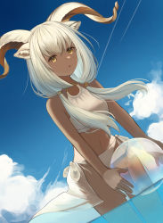 Rule 34 | 1girl, :o, absurdres, animal ears, arknights, ball, beachball, beeswax (arknights), bikini, blue sky, breasts, cloud, cowboy shot, dark-skinned female, dark skin, dutch angle, goat ears, goat girl, goat horns, highres, holding, holding ball, holding beachball, horns, long hair, looking at viewer, low-tied long hair, low twintails, navel, o-ring, o-ring bikini, samidareame, sky, small breasts, solo, stomach, swimsuit, twintails, wading, water, white bikini, white hair, yellow eyes