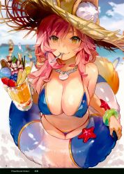 Rule 34 | 3girls, absurdres, animal ear fluff, animal ears, ball, bikini, blue bikini, blue ribbon, blurry, blurry background, bracelet, breasts, cleavage, cloud, cloudy sky, covered erect nipples, day, drink, ears through headwear, fate/grand order, fate (series), food, fox ears, fox tail, fruit, hair ribbon, hat, highres, holding, hougu souji, innertube, jewelry, large breasts, leaning forward, long hair, looking at viewer, marie antoinette (swimsuit caster) (third ascension) (fate), mordred (fate), mordred (fate/apocrypha), mouth hold, multiple girls, necklace, ocean, outdoors, pink hair, ribbon, scan, sky, smile, spoon, starfish, straw hat, strawberry, sun hat, swim ring, swimsuit, tail, tamamo (fate), tamamo no mae (fate/extra), tamamo no mae (swimsuit lancer) (fate), utensil in mouth, yellow eyes