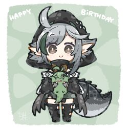 Rule 34 | 1girl, arknights, black jacket, black thighhighs, blush, brown eyes, chibi, closed mouth, commentary request, crocodilian tail, dog-san, full body, gavial (arknights), gloves, green hair, grey gloves, grey hair, happy birthday, highres, holding, hood, hood up, hooded jacket, jacket, long sleeves, looking at viewer, multicolored hair, pointy ears, puffy long sleeves, puffy sleeves, smile, standing, streaked hair, tail, thighhighs, tomimi (arknights)