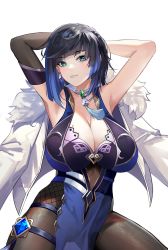 Rule 34 | 1girl, armpits, arms behind head, arms up, black hair, blue hair, bob cut, bodysuit, breasts, brooch, choker, cleavage, diagonal bangs, dice, drive shot, elbow gloves, fur-trimmed jacket, fur trim, genshin impact, gloves, green eyes, grin, highres, jacket, jewelry, large breasts, mole, mole on breast, multicolored hair, pantyhose, pelvic curtain, revision, short hair, simple background, single elbow glove, smile, solo, tassel choker, two-tone hair, vision (genshin impact), white background, white choker, white jacket, yelan (genshin impact)