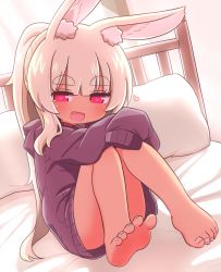 Rule 34 | 1girl, :d, animal ear fluff, animal ears, bare legs, barefoot, blonde hair, blush, collar, commentary request, etrian odyssey, fang, half-closed eyes, heart, heart-shaped pupils, highres, hood, hood down, hoodie, knees up, long hair, long sleeves, looking at viewer, masurao (sekaiju), masurao 2 (sekaiju), naga u, on bed, open mouth, pillow, ponytail, purple eyes, purple hoodie, rabbit ears, red collar, revision, sekaiju no meikyuu, sekaiju no meikyuu 5, short eyebrows, sidelocks, sitting, sleeves past fingers, sleeves past wrists, smile, solo, symbol-shaped pupils, tan, thick eyebrows, very long hair