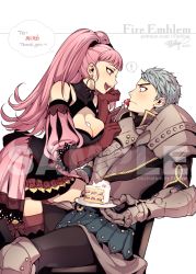 Rule 34 | !, 1boy, 1girl, 2020, armor, artist name, between breasts, blue hair, blush, breasts, cake, caspar von bergliez, cleavage, earrings, english text, feeding, fire emblem, fire emblem: three houses, fishine, food, food on face, fork, fruit, hilda valentine goneril, hoop earrings, jewelry, large breasts, long hair, matching hair/eyes, nintendo, open mouth, patreon username, pauldrons, pink eyes, pink hair, sample watermark, sexually suggestive, shoulder armor, signature, sitting, smile, speech bubble, strawberry, thighhighs, vambraces, watermark, web address, white background, zettai ryouiki