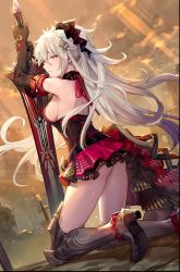 Rule 34 | 1girl, absurdres, antares (evertale), bare shoulders, breasts, evertale, highres, kneeling, long hair, looking at viewer, medium breasts, miniskirt, seiza, sideboob, sitting, skirt, solo, sword, thighs, weapon, white hair, yellow eyes