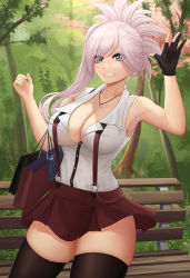 Rule 34 | 1girl, alternate costume, armpits, asymmetrical hair, bag, bare shoulders, bench, black gloves, black thighhighs, blue eyes, blush, branch, breasts, cleavage, collared shirt, fate/grand order, fate (series), gloves, grin, hair between eyes, highres, jewelry, large breasts, long hair, miniskirt, miyamoto musashi (fate), necklace, park bench, partially fingerless gloves, pink hair, ponytail, red skirt, shirt, shopping bag, single glove, single sidelock, skirt, sleeveless, sleeveless shirt, smile, solo, suspender skirt, suspenders, swept bangs, thighhighs, thighs, tree, white shirt, zaphn