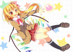 Rule 34 | 1girl, alternate costume, black socks, blonde hair, bow, checkered clothes, checkered skirt, female focus, flandre scarlet, hair ribbon, hand in pocket, jacket, kneehighs, long hair, long sleeves, open mouth, outstretched arm, outstretched hand, pleated skirt, red eyes, ribbon, school uniform, shirt, side ponytail, skirt, smile, socks, solo, star (symbol), touhou, wings, yuimari