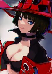 Rule 34 | 1girl, black choker, black hair, blue eyes, breasts, choker, cleavage, guilty gear, guilty gear strive, hat, highres, i-no, large breasts, looking at viewer, medium breasts, mole, mole above mouth, pink lips, red headwear, short hair, upper body, venus symbol, witch hat, yuu (primenumber7)