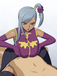 Rule 34 | 1girl, blush, breasts, breasts squeezed together, censored, cleavage, cleavage cutout, clothed female nude male, clothing cutout, code geass, covered erect nipples, dark-skinned male, dark skin, elbow gloves, falchion, gloves, highres, huge breasts, kneeling, legs, lying, mosaic censoring, nude, paizuri, paizuri under clothes, parted lips, penis, side ponytail, silver hair, simple background, solo focus, thighs, villetta nu, yellow eyes