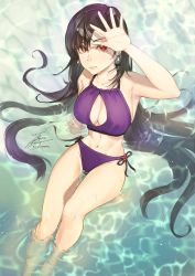 Rule 34 | 1girl, bikini, black hair, breasts, cleavage, cleavage cutout, clothing cutout, eyebrows hidden by hair, fadingz, final fantasy, final fantasy vii, halterneck, highres, large breasts, long hair, looking at viewer, mixed-language commentary, parted lips, purple bikini, red eyes, shading eyes, side-tie bikini bottom, sitting, soaking feet, solo, swept bangs, swimsuit, tifa lockhart, very long hair