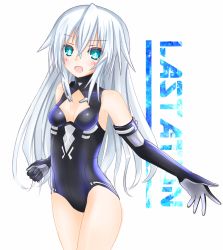 Rule 34 | 10s, 1girl, :d, aqua eyes, armpits, bare shoulders, black heart (neptunia), blush, breasts, cleavage, cleavage cutout, clenched hand, clothing cutout, cowboy shot, elbow gloves, english text, female focus, gloves, halterneck, happy, highres, langley1000, leotard, long hair, looking at viewer, magical girl, neptune (series), noire (neptunia), open mouth, outstretched arm, power symbol, power symbol-shaped pupils, simple background, small breasts, smile, solo, symbol-shaped pupils, turtleneck, very long hair, white background, white hair