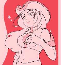 Rule 34 | + +, 1girl, armband, bare shoulders, blouse, blush, breasts, character request, closed mouth, copyright request, cowboy hat, crop top, facial mark, female focus, hand on own hip, hand up, hat, highres, light blush, long hair, looking at viewer, medium breasts, midriff, monochrome, navel, red background, red theme, shirt, sidelocks, sketch, sleeveless, sleeveless shirt, solo, standing, star (symbol), stellarspin, stomach, upper body