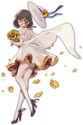 Rule 34 | 1girl, artist request, black footwear, blue ribbon, bouquet, brown hair, dress, flower, game cg, glasses, hat, high heels, highres, holding, holding bouquet, looking at viewer, looking back, mahjong soul, ninomiya hana, official art, petals, red-framed eyewear, red ribbon, ribbon, simple background, solo, sun hat, sunflower, thighhighs, third-party source, transparent background, white dress, yellow eyes, yostar