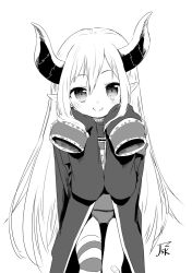 Rule 34 | 1girl, asymmetrical legwear, emma august, female focus, horns, jacket, long hair, looking at viewer, nijisanji, pointy ears, satsuyo, sleeves past wrists, smile, solo, striped clothes, striped thighhighs, thighhighs, uneven legwear