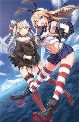 Rule 34 | 10s, 2girls, amatsukaze (kancolle), blonde hair, blue eyes, brown eyes, dress, gloves, hairband, highres, kantai collection, long hair, multiple girls, open mouth, sailor dress, shimakaze (kancolle), silver hair, skirt, smile, striped clothes, striped thighhighs, thighhighs, two side up, zenn