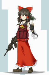 Rule 34 | 1girl, assault rifle, blush, boots, bow, brown hair, dress, explosive, female focus, full body, grenade, gun, hair bow, hakurei reimu, japanese clothes, load bearing vest, long hair, m4 carbine, mekahisui, miko, military operator, orb, rifle, smile, solo, tactical vest, touhou, vertical forward grip, weapon, white background, yellow eyes, yin yang