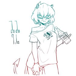 Rule 34 | 1girl, 2020, alcohol, annoyed, bottle, bracelet, collarbone, cowboy shot, dated, demon girl, demon horns, demon tail, food, fruit, glaring, half-closed eyes, helltaker, highres, holding, holding bottle, holding food, holding fruit, horns, jewelry, lineart, malina (helltaker), no pants, panties, pinky out, see-through, see-through shirt, sharaku koji, shirt, shirt slip, short hair, tail, thighs, underwear, unfinished, vodka