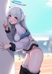 Rule 34 | 1girl, absurdres, against wall, black pantyhose, blue archive, blush, clothes pull, from side, grey hair, highres, jacket, long hair, long sleeves, looking at viewer, noa (blue archive), off shoulder, open mouth, outdoors, panties, panty pull, pantyhose, pantyhose pull, purple eyes, shirt, solo, standing, taotao, underwear, white jacket, white panties, white shirt