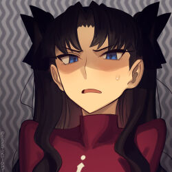 Rule 34 | 1girl, angry, black bow, black hair, blue eyes, boa (brianoa), bow, commentary, english commentary, fate/stay night, fate (series), hair bow, highres, long hair, looking at viewer, open mouth, parted bangs, red shirt, shaded face, shirt, solo, striped background, sweat, tohsaka rin, twitter username, two side up, upper body