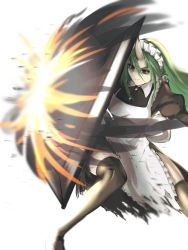 Rule 34 | 1girl, apron, arknights, full body, green hair, hair between eyes, haonfest, highres, horns, hoshiguma (arknights), long hair, maid apron, maid headdress, oni, shield, simple background, skin-covered horns, solo, spread legs, standing, thighhighs, white background