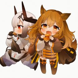 Rule 34 | 2girls, :d, animal ears, arknights, black thighhighs, blush, brown eyes, brown hair, brown jacket, brown skirt, ceobe (arknights), commentary, dog ears, dog girl, dog tail, eating, fang, food, grey background, grey hair, hair between eyes, highres, holding, holding food, horns, jacket, long hair, long sleeves, looking at viewer, mudrock (arknights), multiple girls, open mouth, pointy ears, profile, puffy long sleeves, puffy sleeves, red eyes, simple background, skirt, smile, standing, symbol-only commentary, tail, takumi mizuki, thighhighs, very long hair, white background