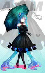 Rule 34 | 1girl, absurdly long hair, absurdres, ahoge, aqua eyes, aqua hair, artist name, black dress, black gloves, black pantyhose, black ribbon, checkered background, double exposure, dress, feather hair ornament, feathers, frilled dress, frills, full body, gloves, hair ornament, hair ribbon, hand on own chest, hatsune miku, high heels, highres, holding, holding umbrella, lace, lace-trimmed dress, lace-trimmed umbrella, lace trim, lolita fashion, long hair, looking at viewer, mary janes, omone hokoma agm, pantyhose, red footwear, ribbon, shoes, signature, smile, solo, standing, star (symbol), treble clef, twintails, umbrella, very long hair, vocaloid, zoom layer