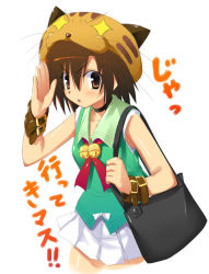 Rule 34 | &gt;:o, 1girl, :o, animal hat, arm belt, bare shoulders, bell, brown eyes, brown hair, cowboy shot, hat, jingle bell, looking at viewer, open mouth, original, parted lips, sailor collar, simple background, skirt, solo, v-shaped eyebrows, vest, whiskers, white background, white skirt, zono (rinkara-sou)