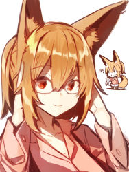 Rule 34 | 1girl, :&lt;, animal ears, barefoot, brown hair, chibi, closed mouth, collarbone, fox ears, fox girl, fox tail, glasses, hair between eyes, high ponytail, looking at viewer, multiple views, original, parted lips, pink shirt, pleated skirt, ponytail, red eyes, shirt, sidelocks, skirt, smile, standing, tail, triangle mouth, white background, white skirt, yuuji (yukimimi), | |
