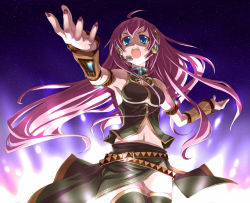 Rule 34 | aqua eyes, detached sleeves, headset, long hair, megurine luka, midriff, navel, night, night sky, open mouth, pink hair, pitomo, sky, solo, thighhighs, very long hair, vocaloid