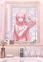 Rule 34 | 1girl, arm up, bathroom, blue eyes, bocchi the rock!, commentary, cube hair ornament, cup, drinking glass, english commentary, faucet, flower, gotoh hitori, hair intakes, hair ornament, hair over eyes, hair tie, hand up, highres, holding hair tie, indoors, jacket, long hair, long sleeves, looking at mirror, looking at viewer, mirror, neriash, parted lips, pink hair, pink jacket, pink theme, reflection, reflection focus, sidelocks, sink, sleeves rolled up, soap, solo, straight-on, toothbrush, toothpaste, towel, towel rack, track jacket, tying hair, upper body, vase, very long hair, window